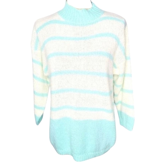 Vintage 80s Pastel Blue White Striped Chunky Cozy Mock Neck Sweater - Picture 1 of 12